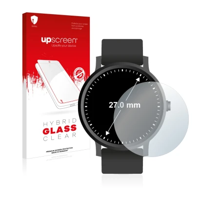 Front side of a product packaging with the brand logo upscreen. Next to it is the device Watches (Circular, ø: 27 mm) shown wi