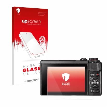 Front side of a product packaging with the brand logo upscreen. Next to it is the device Canon PowerShot G7 X Mark II shown wi