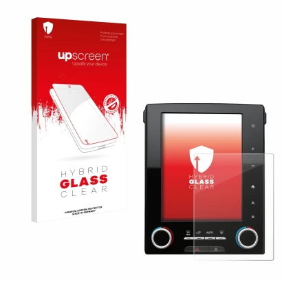 Front side of a product packaging with the brand logo upscreen. Next to it is the device Renault Megane GT R-Link 2 8.7" shown