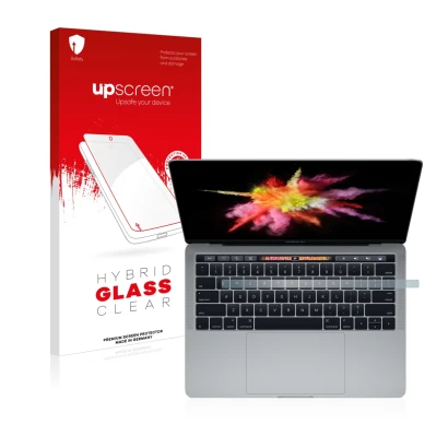 Front side of a product packaging with the brand logo upscreen. Next to it is the device Apple MacBook Pro 13" 2017 (Lower dis