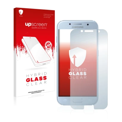 Front side of a product packaging with the brand logo upscreen. Next to it is the device Samsung Galaxy A5 2017 shown with the
