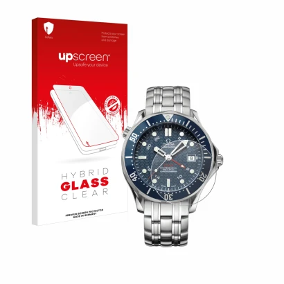 Front side of a product packaging with the brand logo upscreen. Next to it is the device Omega Seamaster Diver (41 mm) shown w