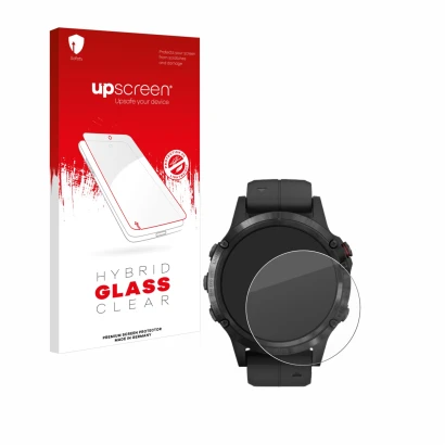 Front side of a product packaging with the brand logo upscreen. Next to it is the device Garmin Fenix 5 Plus (47 mm) shown wit