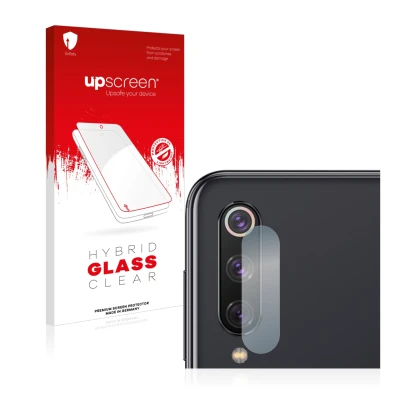 Front side of a product packaging with the brand logo upscreen. Next to it is the device Xiaomi Mi 9 SE (ONLY Camera Lens) sho