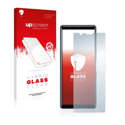 Front side of a product packaging with the brand logo upscreen. Next to it is the device Sony Xperia 5 shown with the correspo