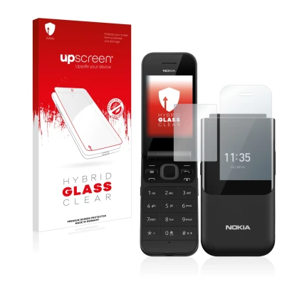 Front side of a product packaging with the brand logo upscreen. Next to it is the device Nokia 2720 Flip shown with the corres