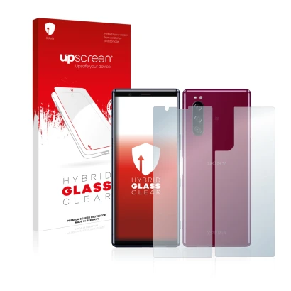 Front side of a product packaging with the brand logo upscreen. Next to it is the device Sony Xperia 5 (Front+Back) shown with