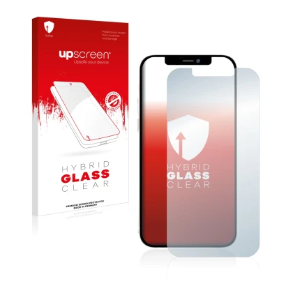 Front side of a product packaging with the brand logo upscreen. Next to it is the device Apple iPhone 12 Pro Max shown with th