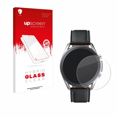 Front side of a product packaging with the brand logo upscreen. Next to it is the device Samsung Galaxy Watch 3 (45mm) shown w