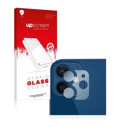 Front side of a product packaging with the brand logo upscreen. Next to it is the device Apple iPhone 12 (ONLY Camera Lens) sh