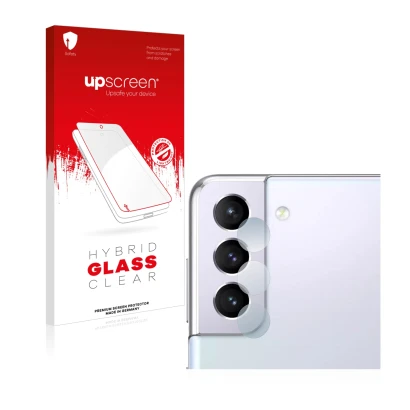 Front side of a product packaging with the brand logo upscreen. Next to it is the device Samsung Galaxy S21 (ONLY Camera Lens)