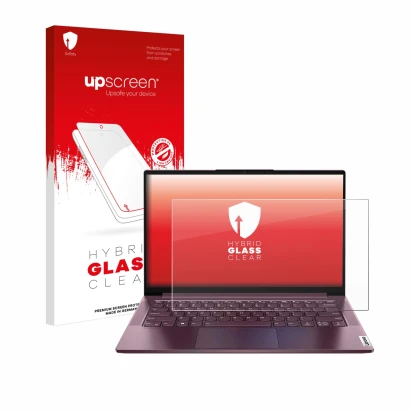 Front side of a product packaging with the brand logo upscreen. Next to it is the device Lenovo Yoga Slim 7 14" Non-Touch show