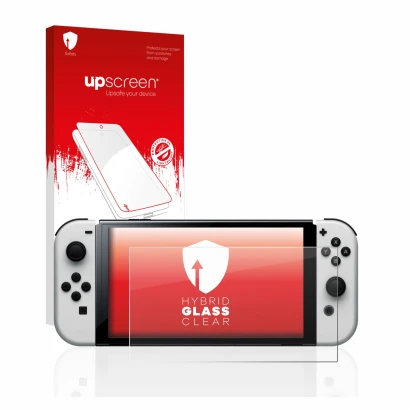 Front side of a product packaging with the brand logo upscreen. Next to it is the device Nintendo Switch OLED-Modell shown wit