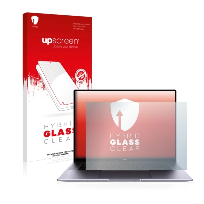 Front side of a product packaging with the brand logo upscreen. Next to it is the device Huawei MateBook 16 shown with the cor