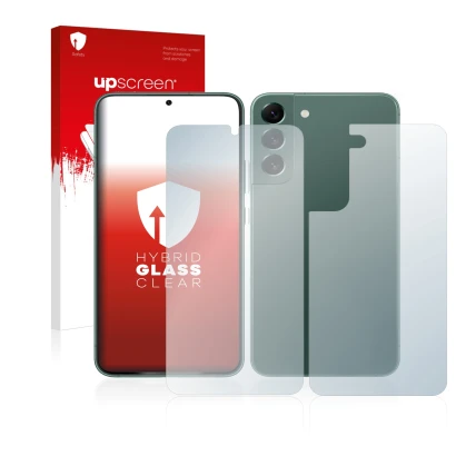 Front side of a product packaging with the brand logo upscreen. Next to it is the device Samsung Galaxy S22 Plus 5G (Front+Bac