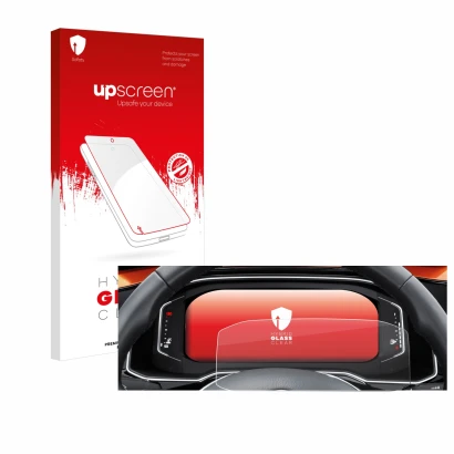 Front side of a product packaging with the brand logo upscreen. Next to it is the device Volkswagen Polo 6 Digital Cockpit Pro