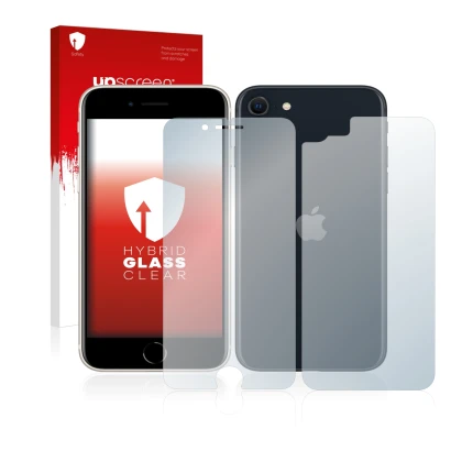 Front side of a product packaging with the brand logo upscreen. Next to it is the device Apple iPhone SE 3 2022 (Front+Back) s