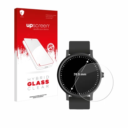 Front side of a product packaging with the brand logo upscreen. Next to it is the device Watches (Circular, ø: 39.5 mm) shown 