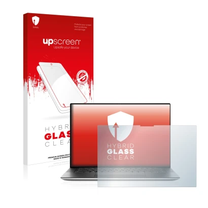 Front side of a product packaging with the brand logo upscreen. Next to it is the device Dell XPS 15 9510 Touch shown with the