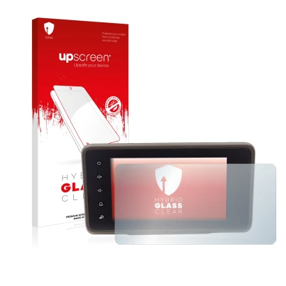 Front side of a product packaging with the brand logo upscreen. Next to it is the device Dacia Duster 2 MediaDisplay shown wit