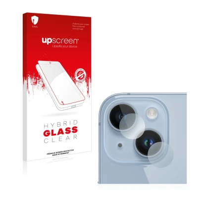 Front side of a product packaging with the brand logo upscreen. Next to it is the device Apple iPhone 14 (ONLY Camera Lens) sh