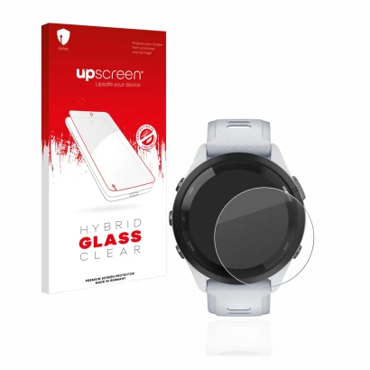 Front side of a product packaging with the brand logo upscreen. Next to it is the device Garmin Forerunner 265 (46 mm) shown w