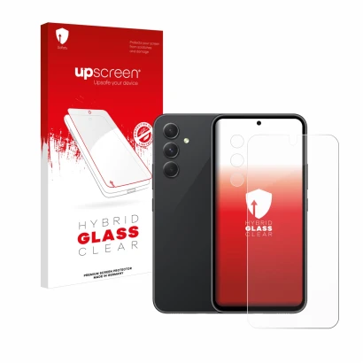 Front side of a product packaging with the brand logo upscreen. Next to it is the device Samsung Galaxy A54 5G (Front+Camera) 