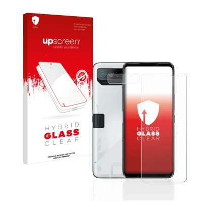 Front side of a product packaging with the brand logo upscreen. Next to it is the device ASUS ROG Phone 7 (Front+Camera) shown