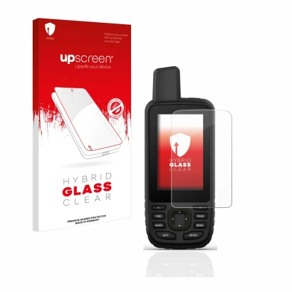 Front side of a product packaging with the brand logo upscreen. Next to it is the device Garmin GPSMAP 67 shown with the corre