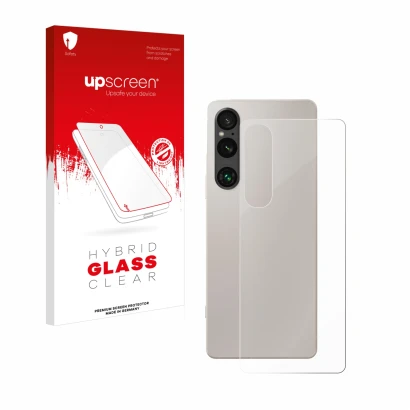 Front side of a product packaging with the brand logo upscreen. Next to it is the device Sony Xperia 1 V (Back) shown with the