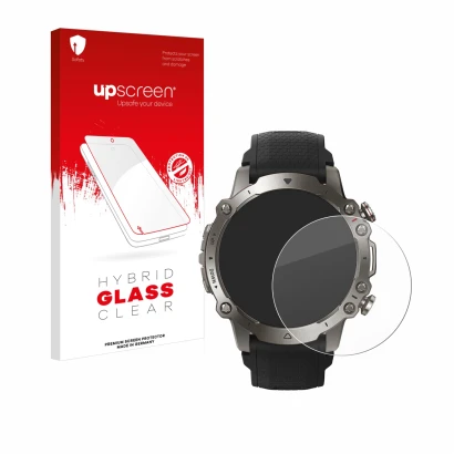 Front side of a product packaging with the brand logo upscreen. Next to it is the device Huami Amazfit Falcon shown with the c