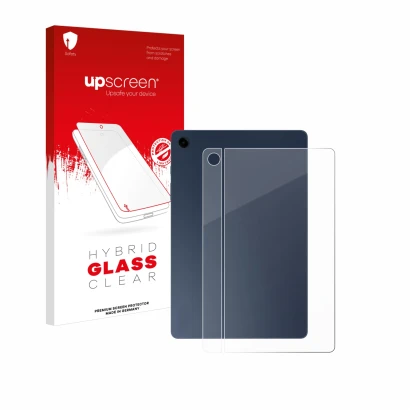Front side of a product packaging with the brand logo upscreen. Next to it is the device Samsung Galaxy Tab A9 Plus 5G (Back)