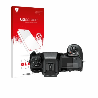 Front side of a product packaging with the brand logo upscreen. Next to it is the device Nikon Z 8 (top plate display) shown w