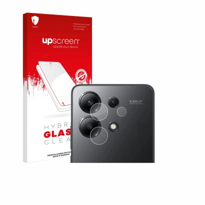 Front side of a product packaging with the brand logo upscreen. Next to it is the device Xiaomi Redmi Note 13 (ONLY Camera Len