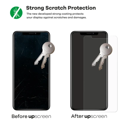 2 devices – one with upscreen, one without. Each is shown with 2 keys. The device without upscreen is heavily scratched, the o