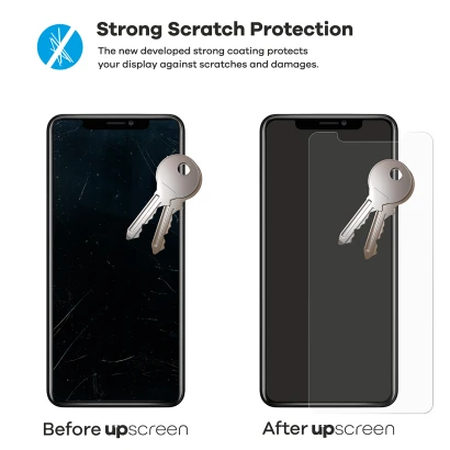 2 smartphones – one with upscreen, one without. Each is shown with 2 keys. The smartphone without upscreen is heavily scratche