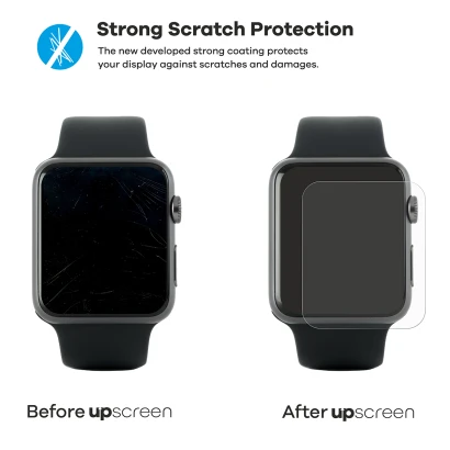 2 smartphones – one with upscreen, one without. Each is shown with 2 keys. The smartphone without upscreen is heavily scratche