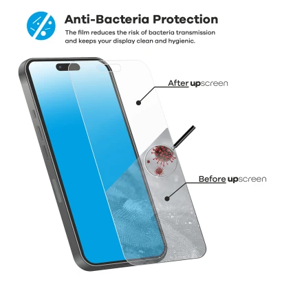 Device with upscreen screen protector: Many bacteria before, clean afterwards – “Anti-Bacteria Protection.”