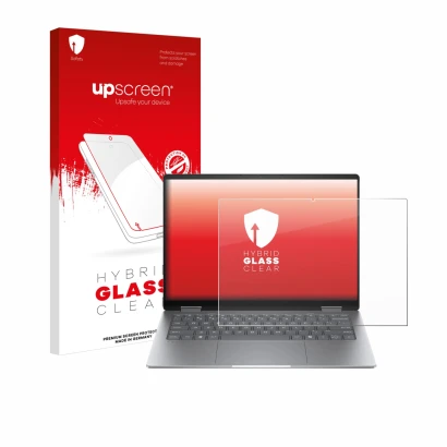 Front side of a product packaging with the brand logo upscreen. Next to it is the device HP Envy x360 14 2-in-1 shown with the