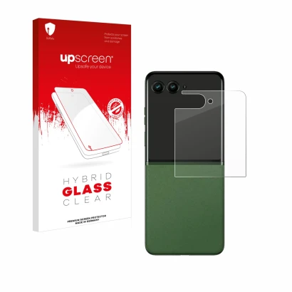Front side of a product packaging with the brand logo upscreen. Next to it is the device Motorola Razr 50 Ultra (Back display)