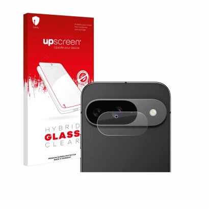 Front side of a product packaging with the brand logo upscreen. Next to it is the device Google Pixel 9 (ONLY Camera Lens) sho