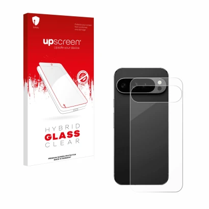 Front side of a product packaging with the brand logo upscreen. Next to it is the device Google Pixel 9 Pro XL (Back) shown wi