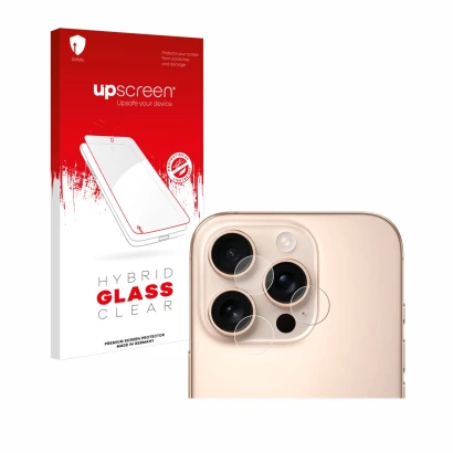 Front side of a product packaging with the brand logo upscreen. Next to it is the device Apple iPhone 16 Pro (ONLY Camera Lens