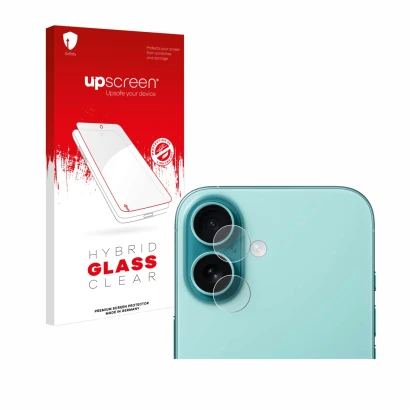 Front side of a product packaging with the brand logo upscreen. Next to it is the device Apple iPhone 16 Plus (ONLY Camera Len