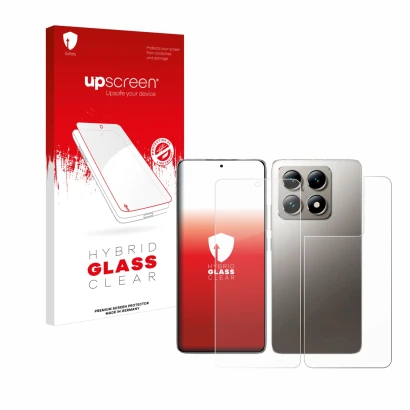 Front side of a product packaging with the brand logo upscreen. Next to it is the device Xiaomi 14T (Front+Back) shown with th