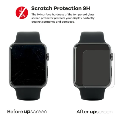 2 devices – one with upscreen, one without. Each is shown with 2 keys. The device without upscreen is heavily scratched, the o