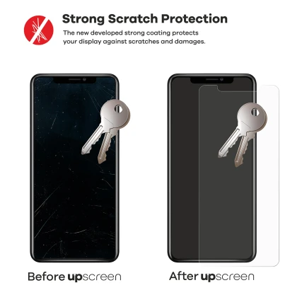 2 devices – one with upscreen, one without. Each is shown with 2 keys. The device without upscreen is heavily scratched, the o