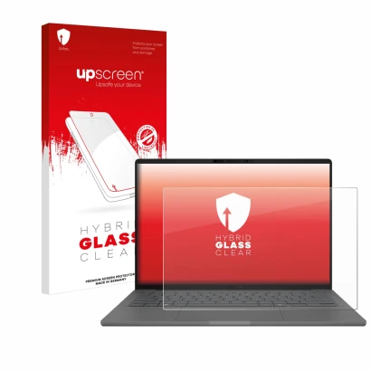 Front side of a product packaging with the brand logo upscreen. Next to it is the device ASUS ZenBook A14 UX3407 shown with th