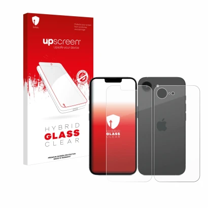 Front side of a product packaging with the brand logo upscreen. Next to it is the device Apple iPhone 16e (Front+Back) shown w