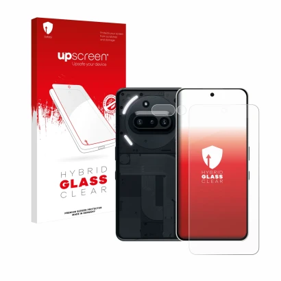 Front side of a product packaging with the brand logo upscreen. Next to it is the device Nothing Phone (3a) (Front+Camera) sho
